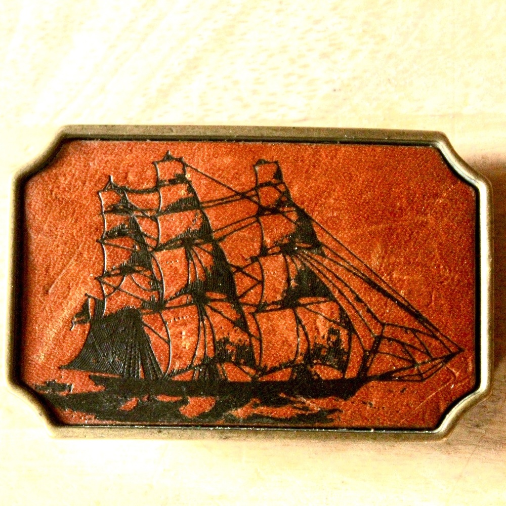 Sailing Ship Leather Front Western Brass Belt Buckle